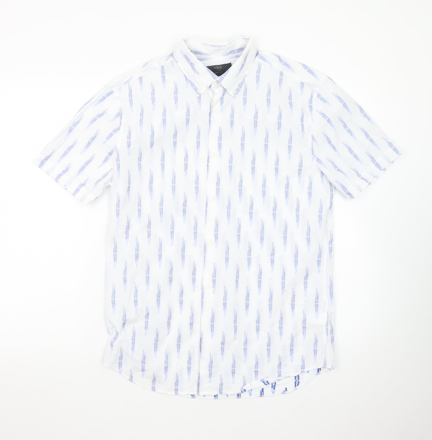 Marks and Spencer Men's White Geometric Short Sleeve Regular Fit Shirt S