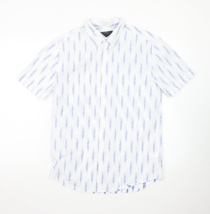 Marks and Spencer Men's White Geometric Short Sleeve Regular Fit Shirt S