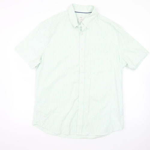 Marks and Spencer Men's Light Green Striped Regular Fit Short Sleeve Dress Shirt L