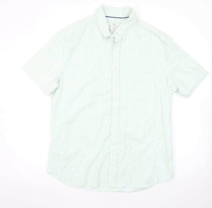 Marks and Spencer Men's Light Green Striped Regular Fit Short Sleeve Dress Shirt L