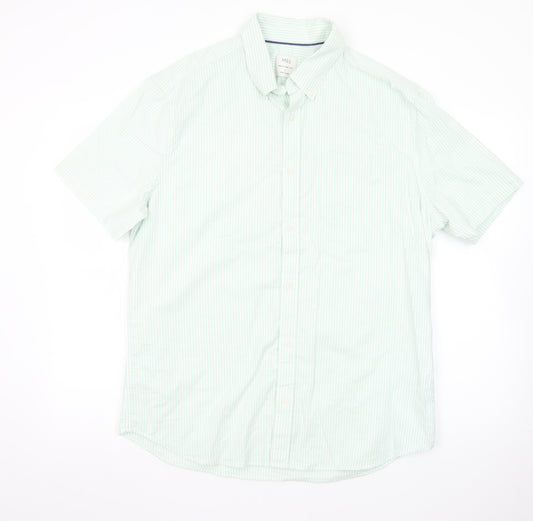 Marks and Spencer Men's Light Green Striped Regular Fit Short Sleeve Dress Shirt L
