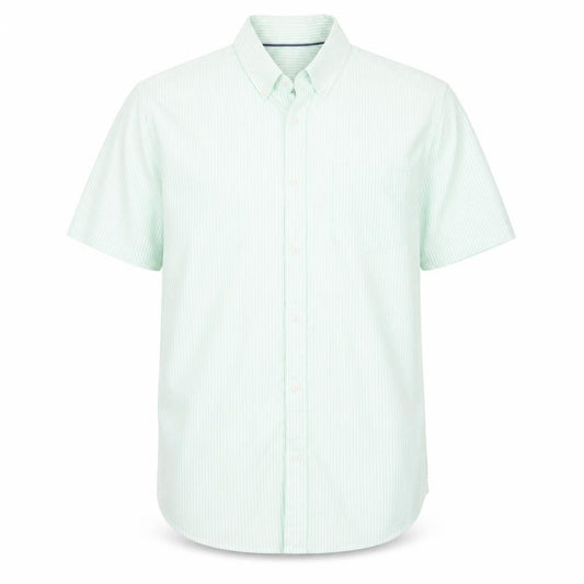 Marks and Spencer Men's Light Green Striped Regular Fit Short Sleeve Dress Shirt L