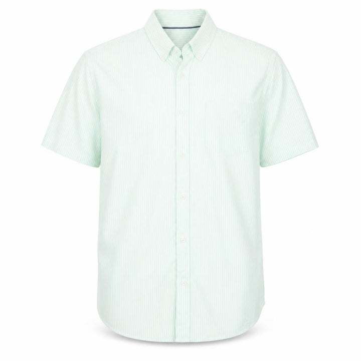 Marks and Spencer Men's Light Green Striped Regular Fit Short Sleeve Dress Shirt L