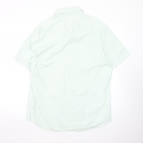 Marks and Spencer Men's Light Green Striped Regular Fit Short Sleeve Dress Shirt L