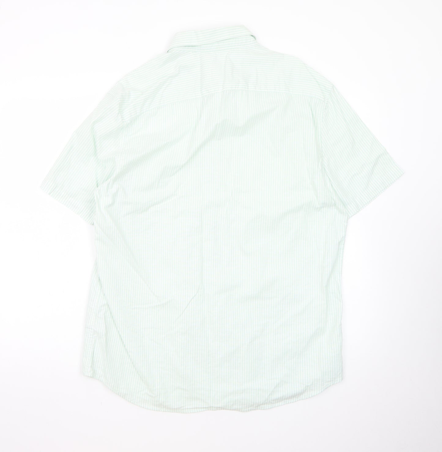 Marks and Spencer Men's Light Green Striped Regular Fit Short Sleeve Dress Shirt L
