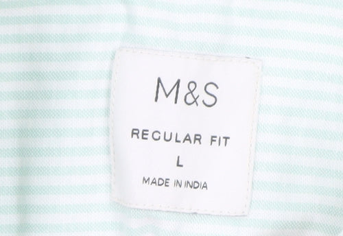 Marks and Spencer Men's Light Green Striped Regular Fit Short Sleeve Dress Shirt L