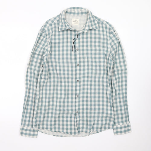 Marks and Spencer Men's Blue Check Regular Fit Cotton Shirt S