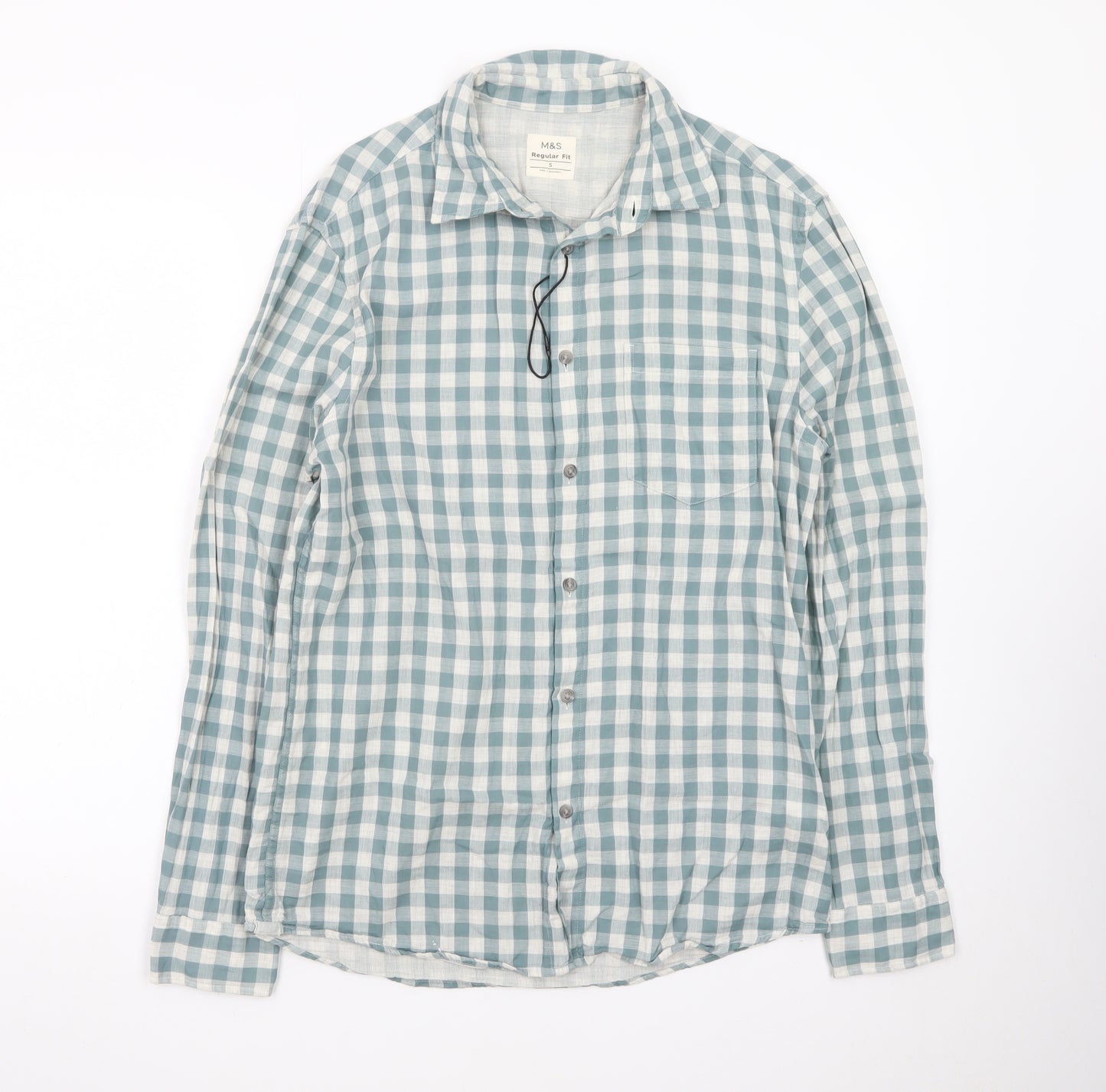 Marks and Spencer Men's Blue Check Regular Fit Cotton Shirt S