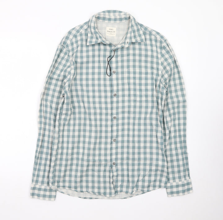 Marks and Spencer Men's Blue Check Regular Fit Cotton Shirt S