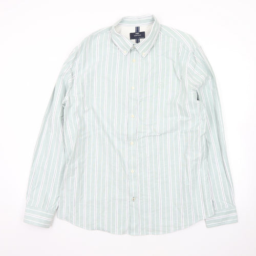 Marks and Spencer Men's Green Striped Button-Up Long Sleeve Shirt L