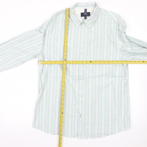 Marks and Spencer Men's Green Striped Button-Up Long Sleeve Shirt L