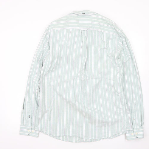 Marks and Spencer Men's Green Striped Button-Up Long Sleeve Shirt L