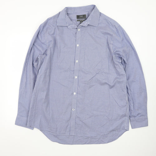 Marks and Spencer Men's Blue Check Regular Fit Non-Iron Dress Shirt 17.5”