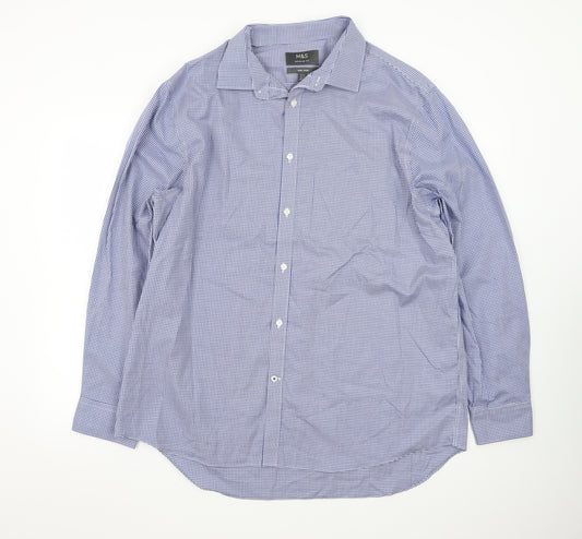 Marks and Spencer Men's Blue Check Regular Fit Non-Iron Dress Shirt 17.5”