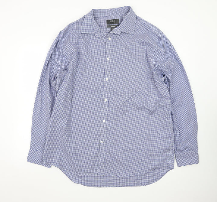 Marks and Spencer Men's Blue Check Regular Fit Non-Iron Dress Shirt 17.5”
