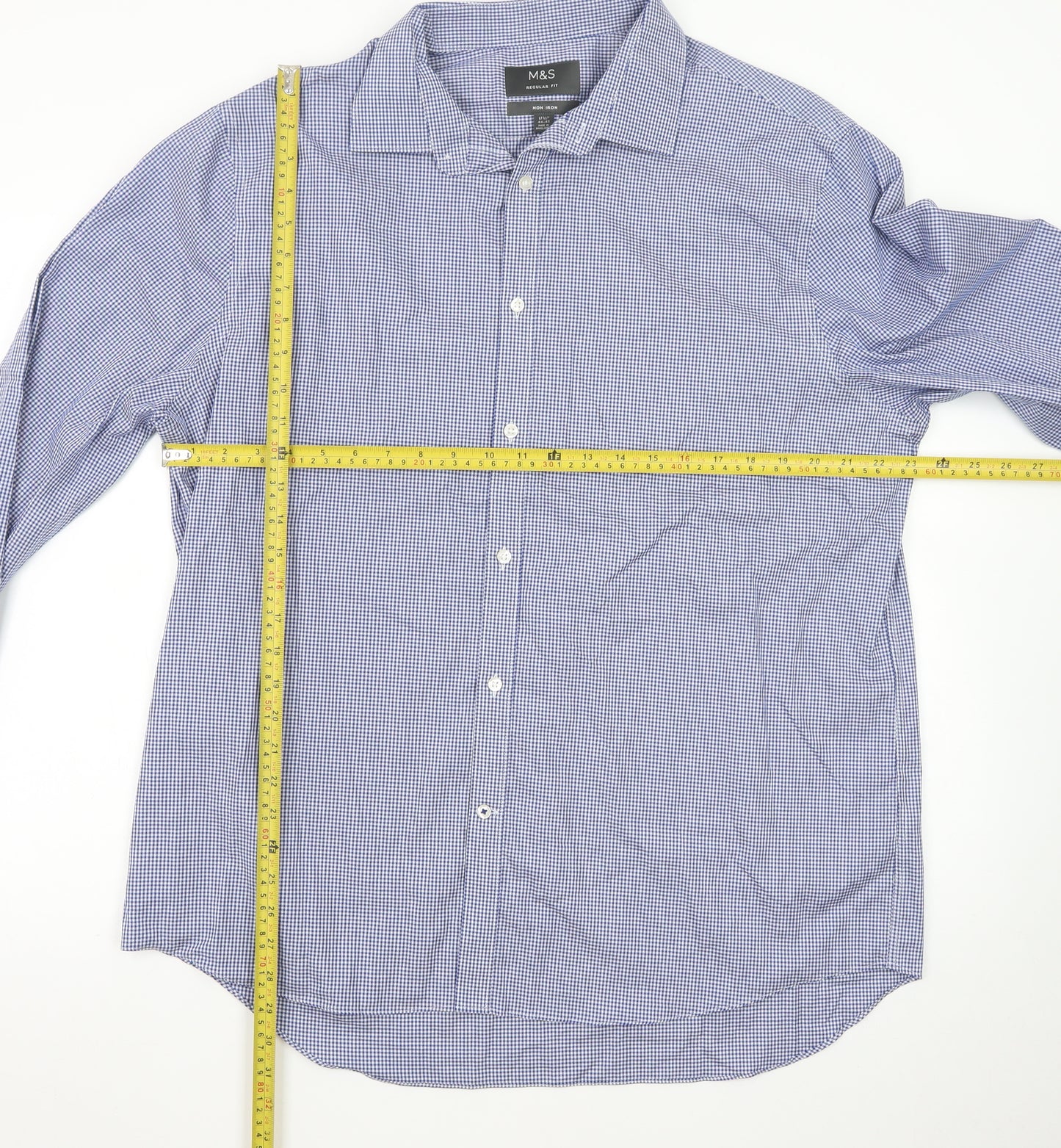 Marks and Spencer Men's Blue Check Regular Fit Non-Iron Dress Shirt 17.5”