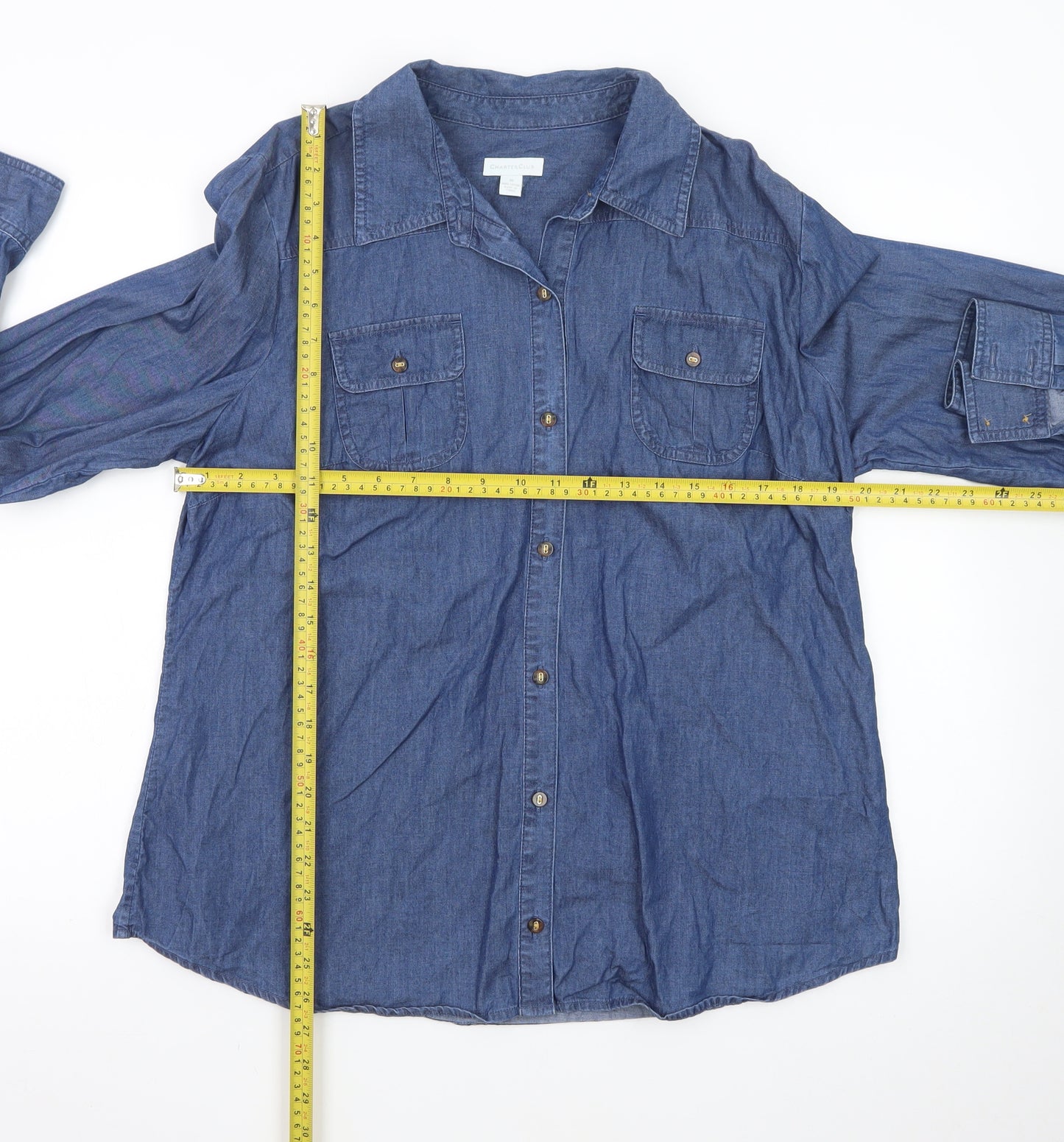 Charter Club Women's Blue Long Sleeve Denim Button-Up Shirt Size 16