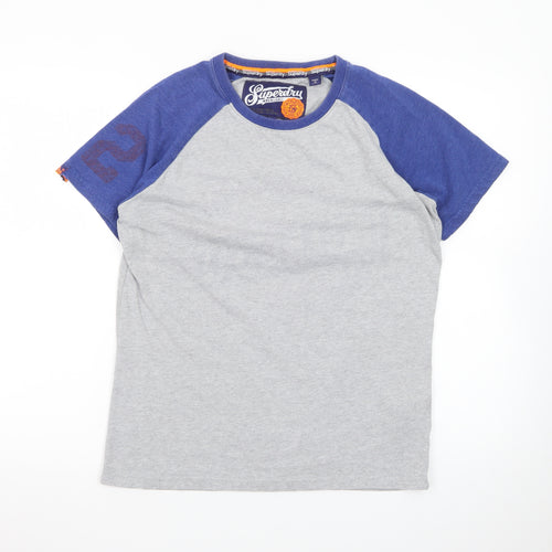 Superdry Men's Grey Blue Raglan Crew Neck Cotton T-Shirt Size M