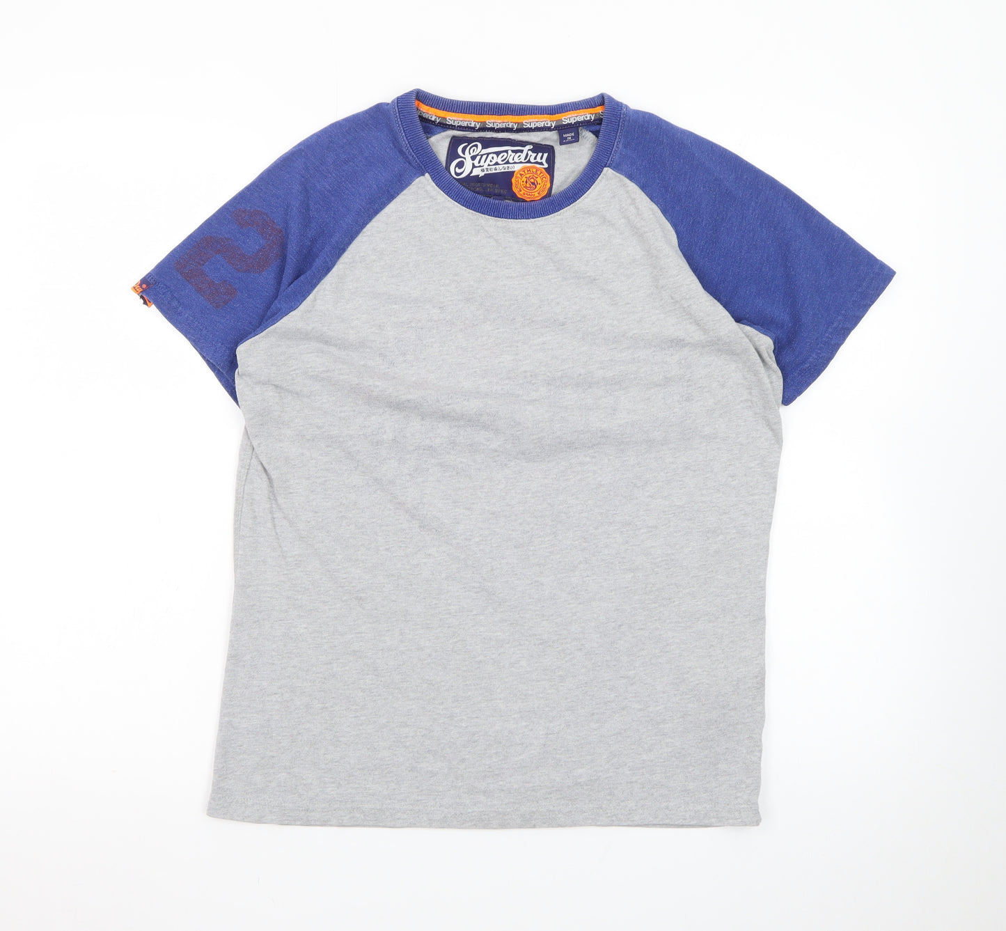Superdry Men's Grey Blue Raglan Crew Neck Cotton T-Shirt Size M