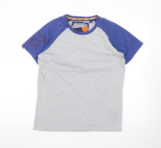 Superdry Men's Grey Blue Raglan Crew Neck Cotton T-Shirt Size M