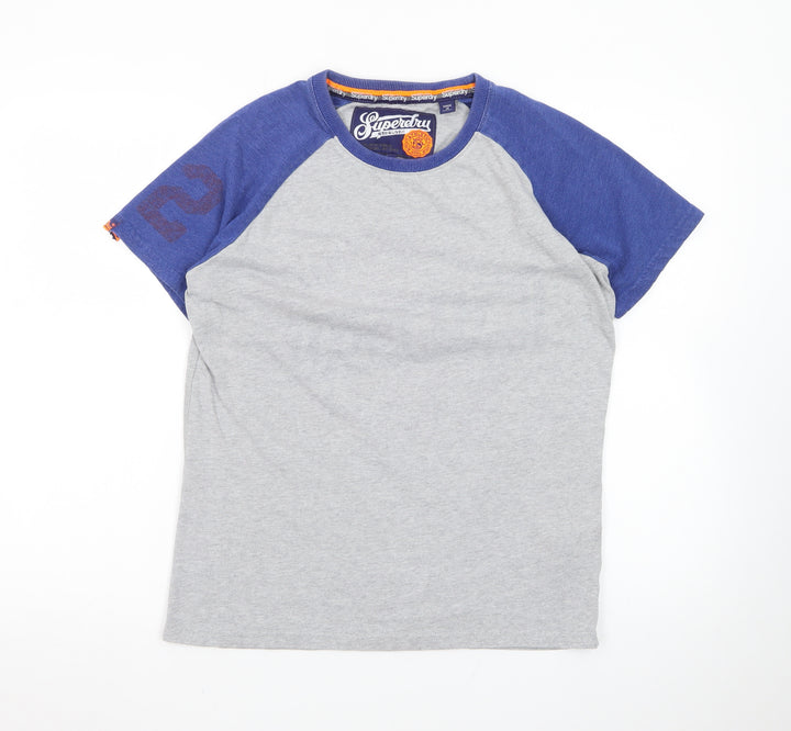 Superdry Men's Grey Blue Raglan Crew Neck Cotton T-Shirt Size M