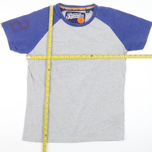 Superdry Men's Grey Blue Raglan Crew Neck Cotton T-Shirt Size M