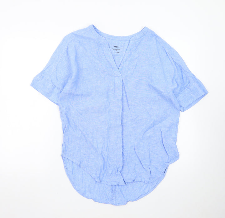 Marks and Spencer Women's Blue Pure Linen V-Neck Blouse Size 10