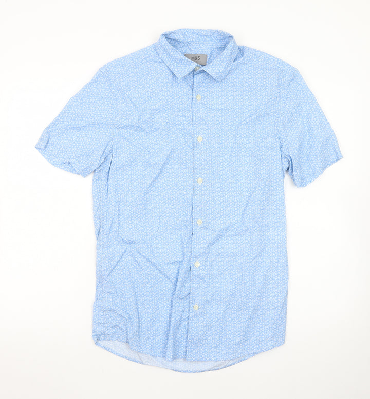 Marks and Spencer Men's Blue Floral Short Sleeve Cotton Dress Shirt S