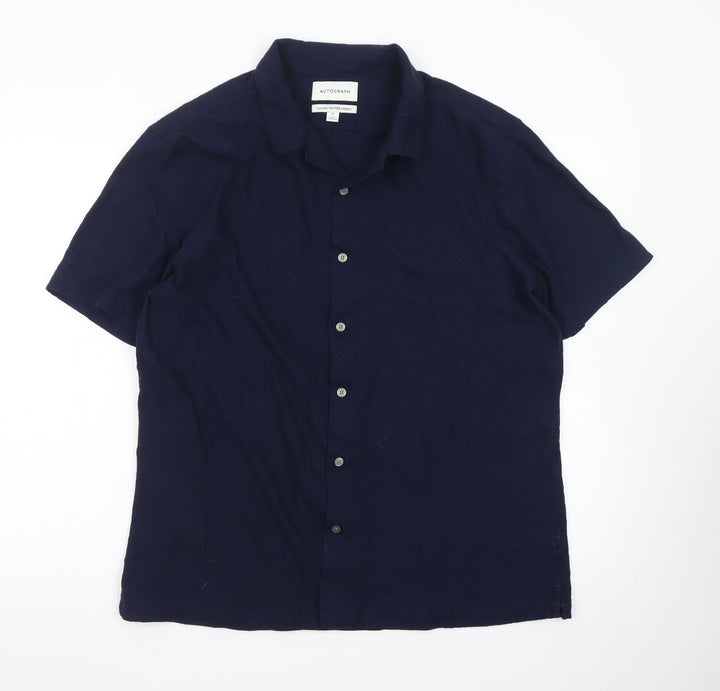 Marks and Spencer Autograph Men's Blue XL Short Sleeve Button-Up Shirt