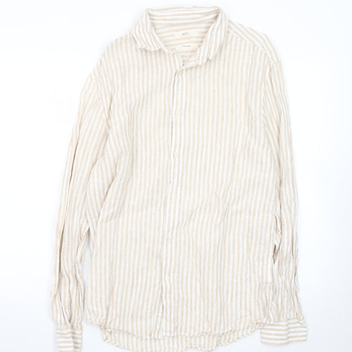 Marks and Spencer Men Beige Striped Linen Long Sleeve Shirt M