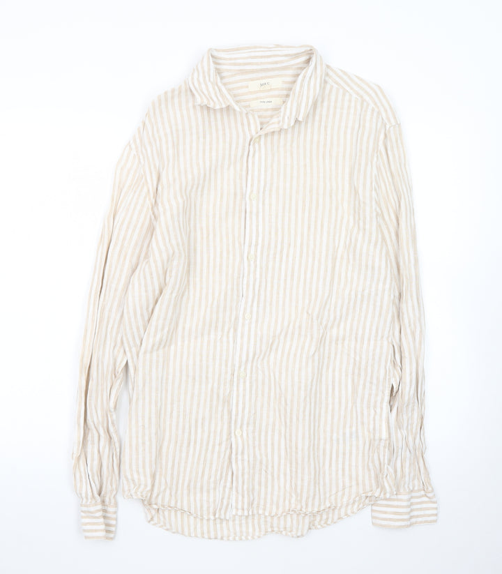 Marks and Spencer Men Beige Striped Linen Long Sleeve Shirt M