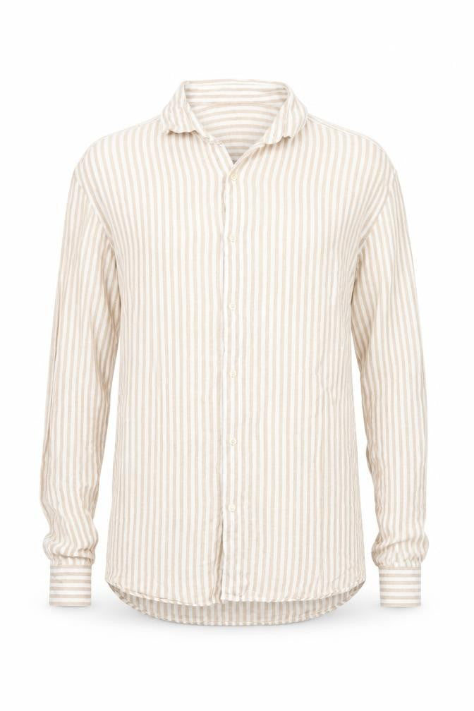 Front view of Marks & Spencer Men Beige Striped Linen Long Sleeve Shirt M