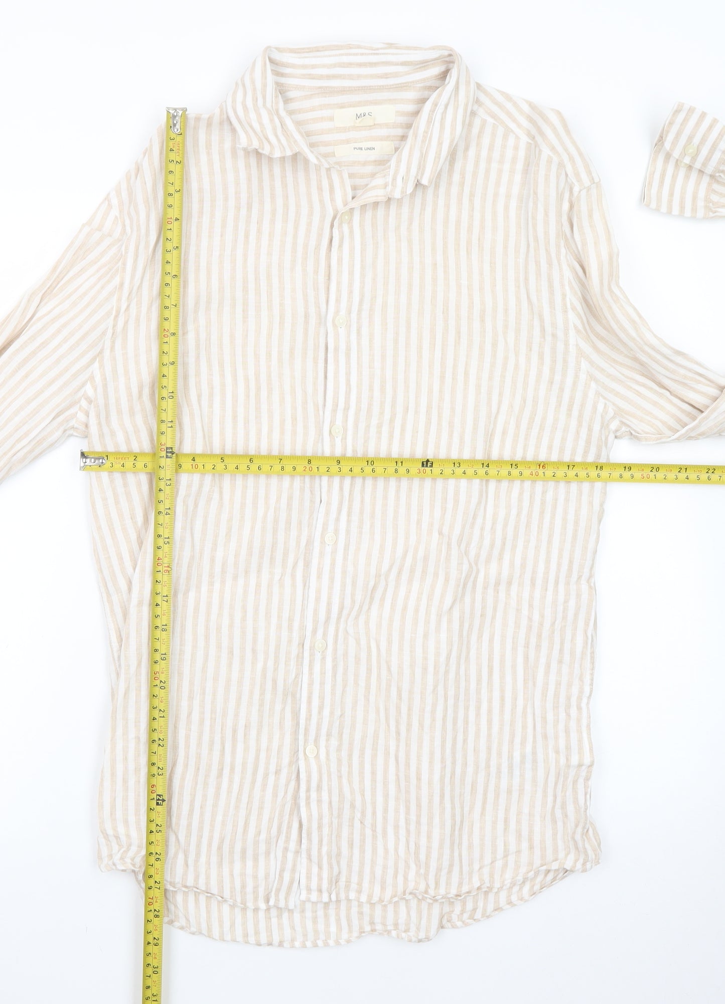 Marks and Spencer Men Beige Striped Linen Long Sleeve Shirt M