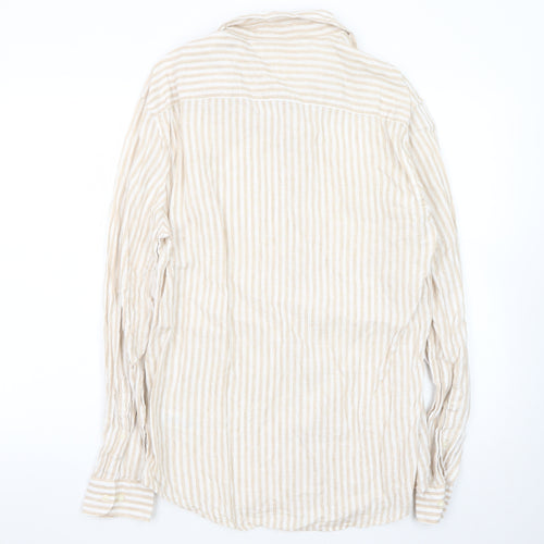 Marks and Spencer Men Beige Striped Linen Long Sleeve Shirt M