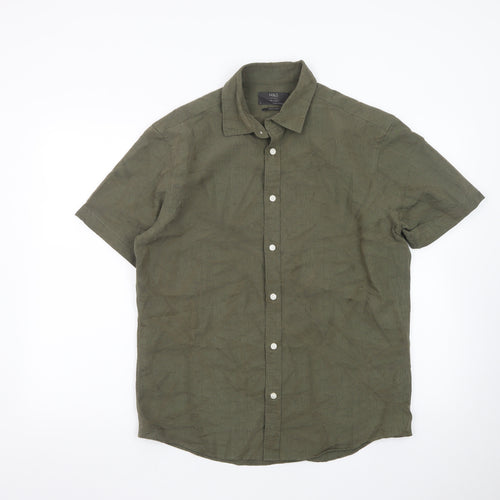 Marks and Spencer Men's Green Relaxed Fit Short Sleeve Button-Up Shirt S