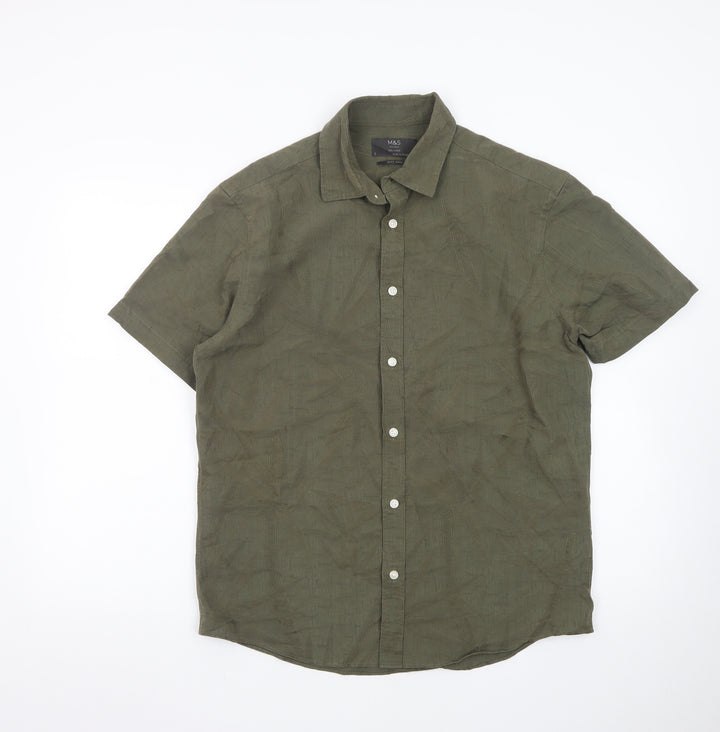 Marks and Spencer Men's Green Relaxed Fit Short Sleeve Button-Up Shirt S