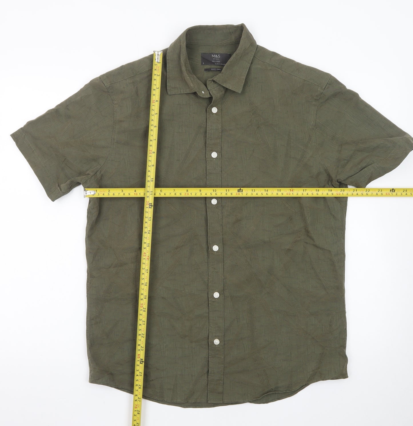 Marks and Spencer Men's Green Relaxed Fit Short Sleeve Button-Up Shirt S