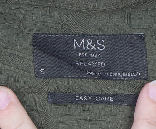 Marks and Spencer Men's Green Relaxed Fit Short Sleeve Button-Up Shirt S