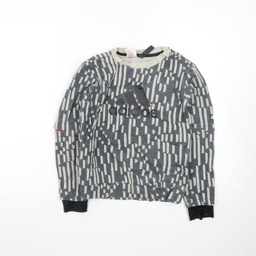 Adidas Boys Grey Patterned Crew Neck Sweatshirt XS 7-8Y Primegreen