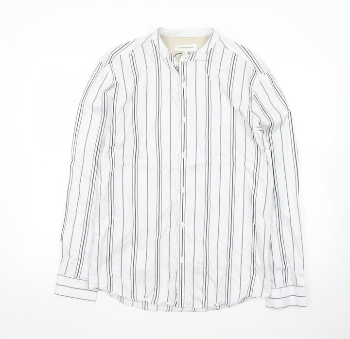 Marks and Spencer Men’s White Striped Band Collar Shirt Size S