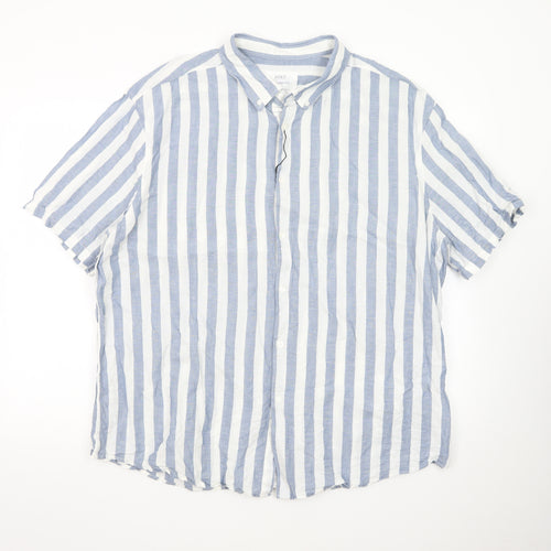 Marks and Spencer Men's Blue Striped Linen Blend Regular Fit 3XL Short Sleeve Shirt