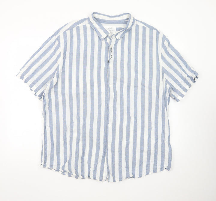 Marks and Spencer Men's Blue Striped Linen Blend Regular Fit 3XL Short Sleeve Shirt