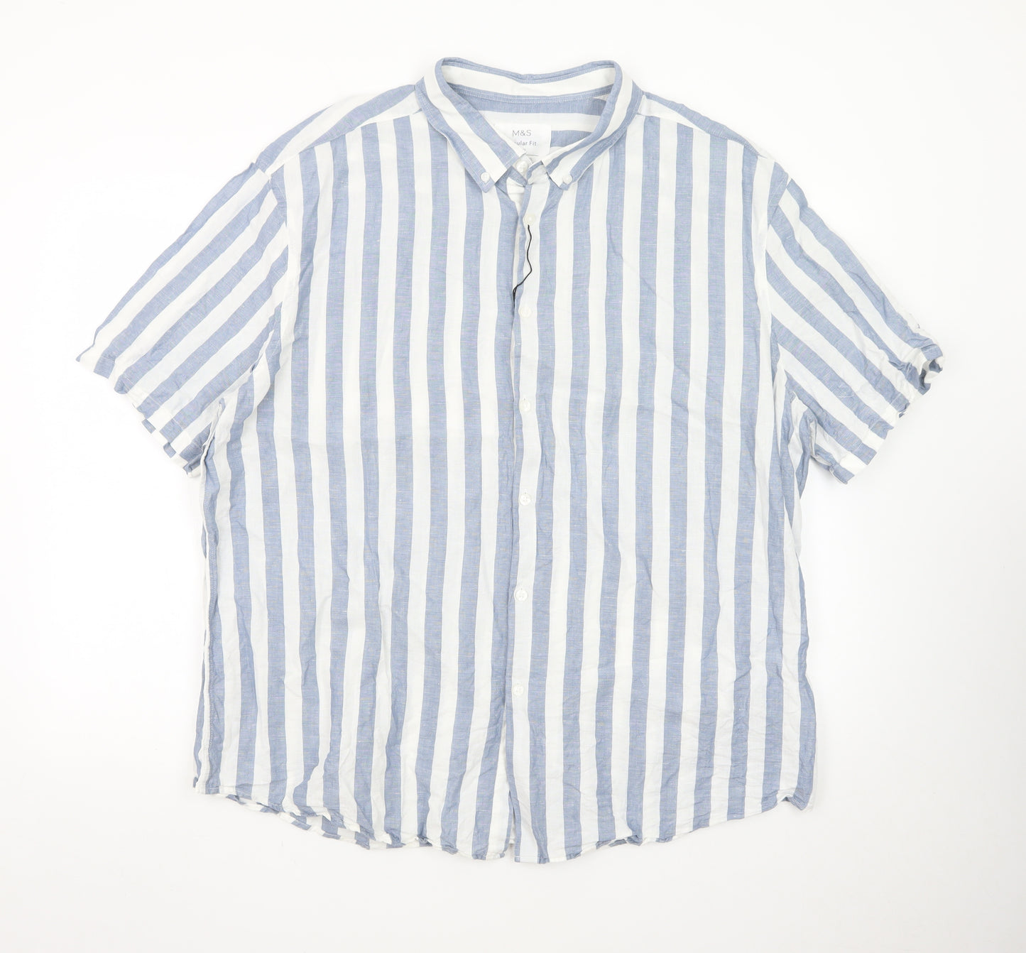 Marks and Spencer Men's Blue Striped Linen Blend Regular Fit 3XL Short Sleeve Shirt