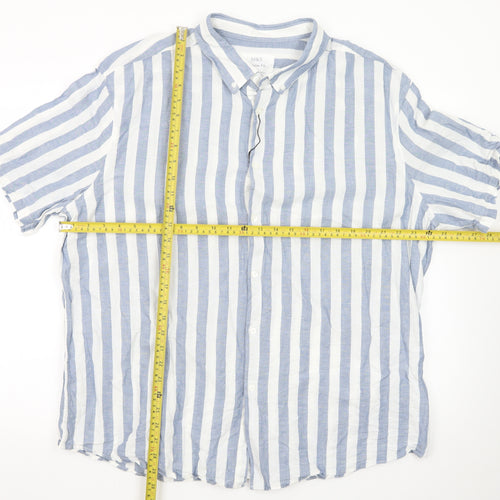 Marks and Spencer Men's Blue Striped Linen Blend Regular Fit 3XL Short Sleeve Shirt