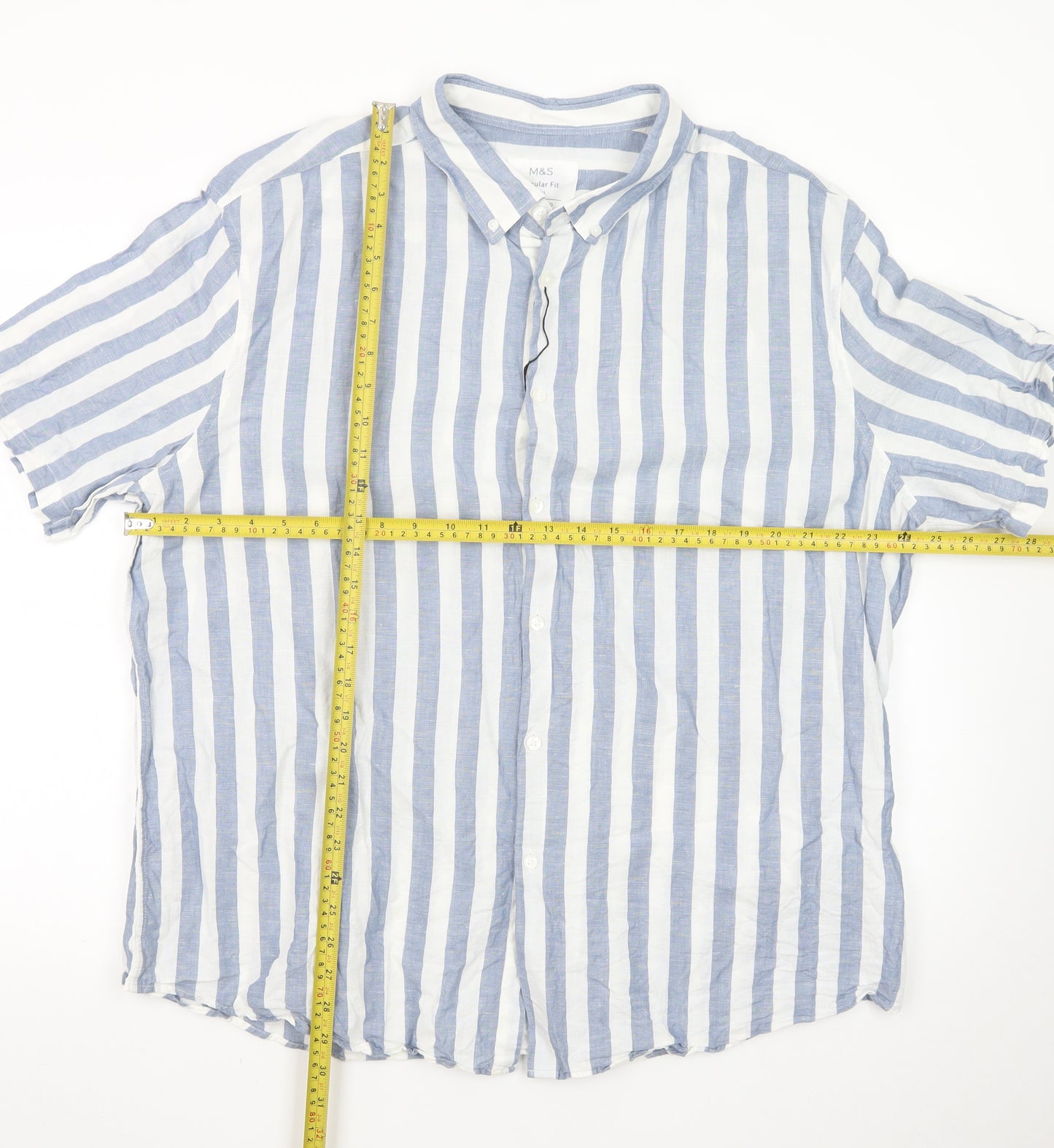 Marks and Spencer Men's Blue Striped Linen Blend Regular Fit 3XL Short Sleeve Shirt