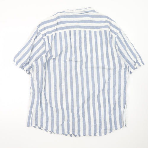 Marks and Spencer Men's Blue Striped Linen Blend Regular Fit 3XL Short Sleeve Shirt
