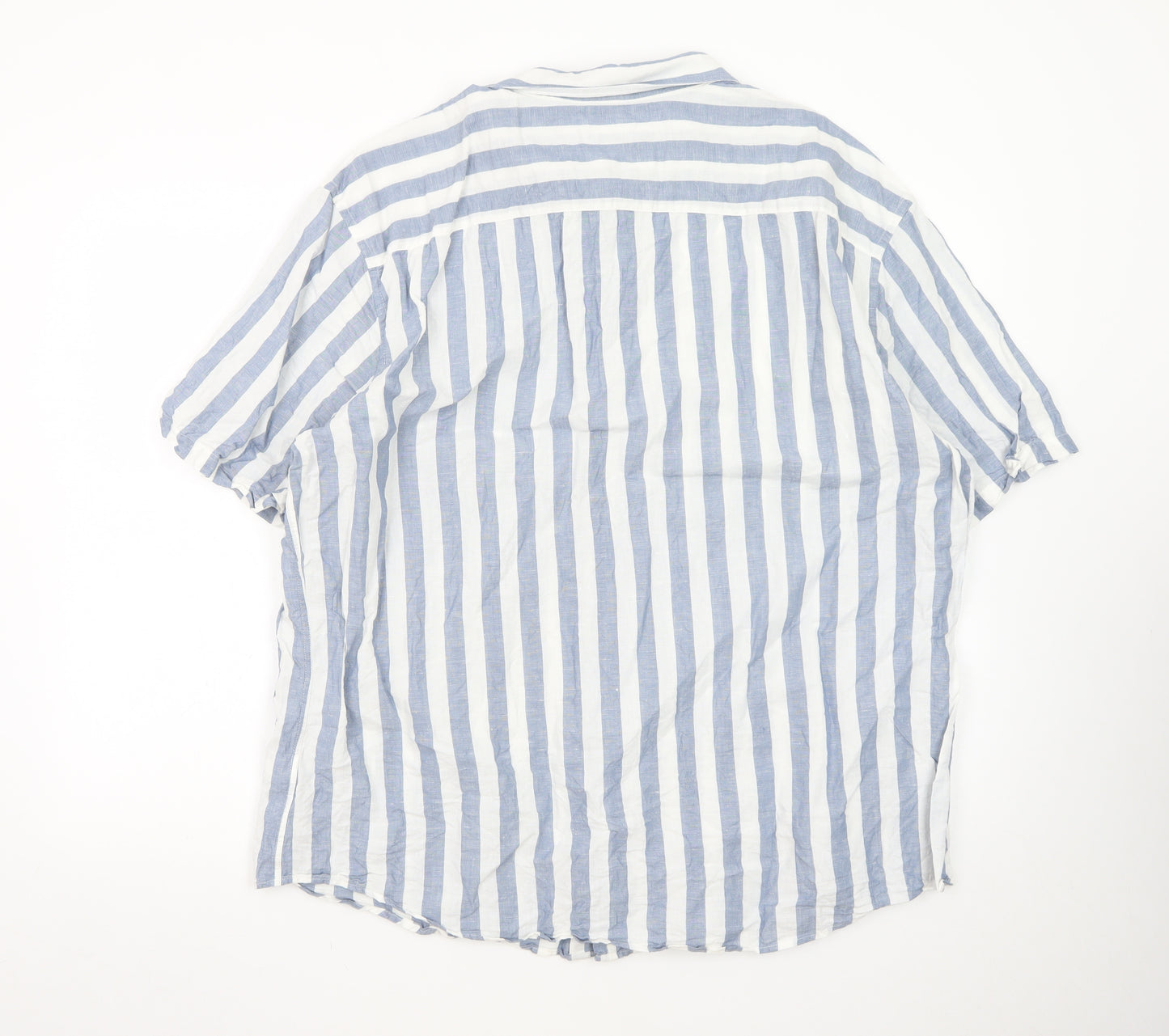 Marks and Spencer Men's Blue Striped Linen Blend Regular Fit 3XL Short Sleeve Shirt