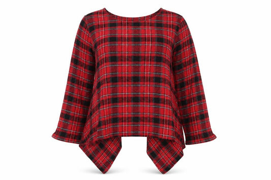 Front view of Next women’s red plaid viscose long sleeve tunic blouse, size UK 18