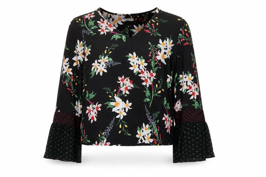 Front view of Marks & Spencer Women's Black Floral V-Neck Long Sleeve Tunic Blouse, size 14