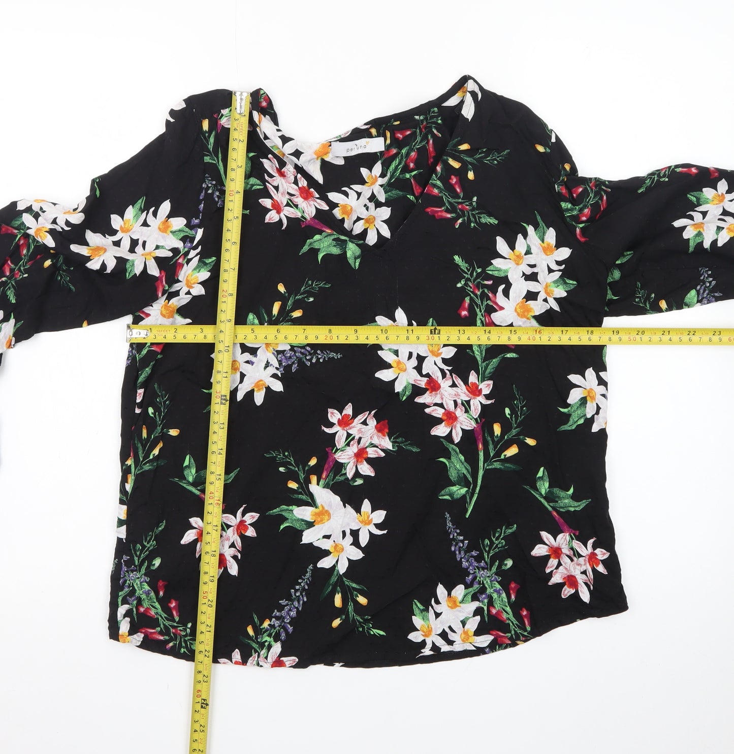 Marks and Spencer Women's Black Floral V-Neck Long Sleeve Tunic Blouse Size 14